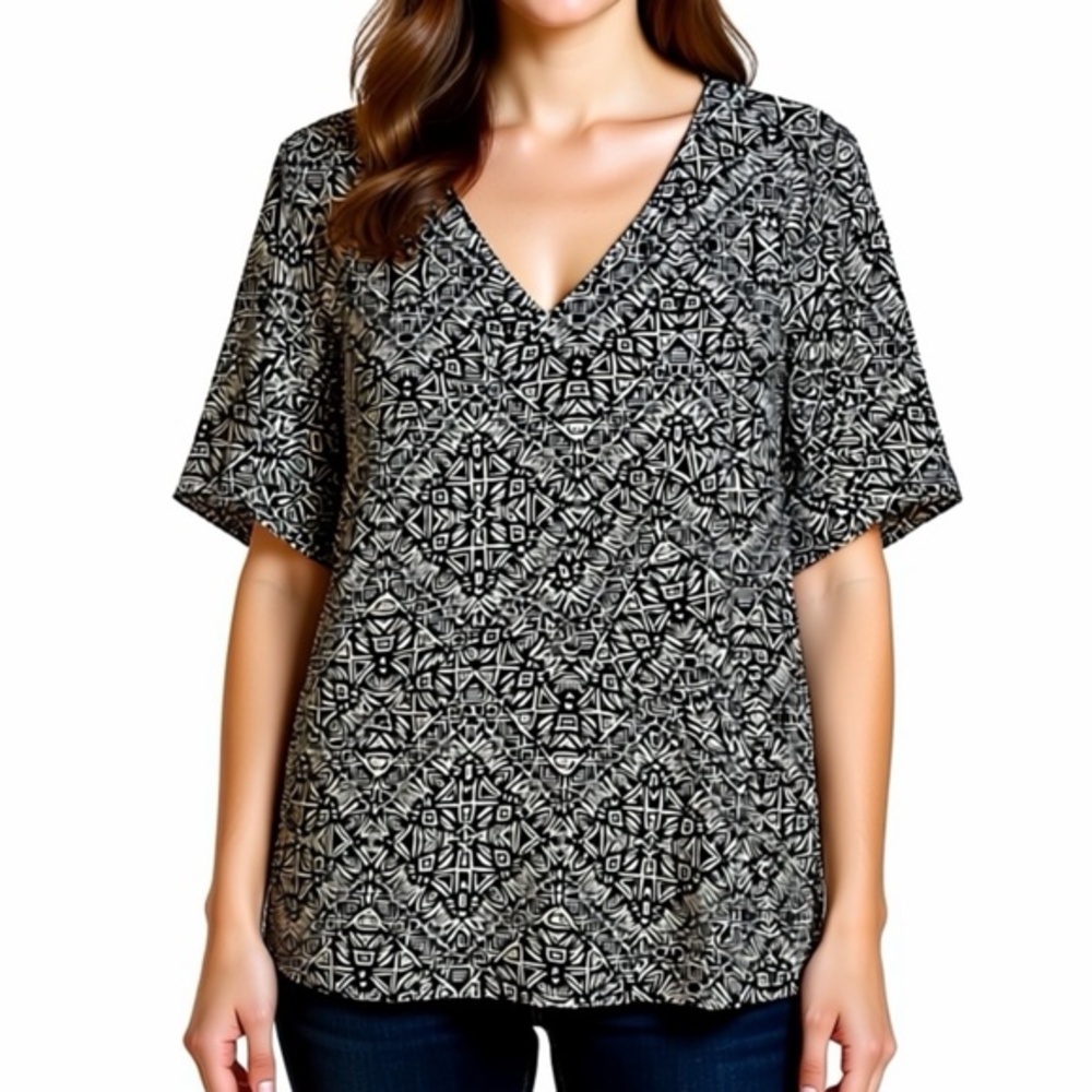 Nina Leonard Tunic Top Womens Size 2X Black White Aztec Casual Short Sleeve